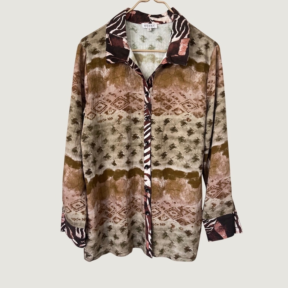 Adore Womens Mixed Print Button Down Shirt Zebra Accents Earth Tones S neutral